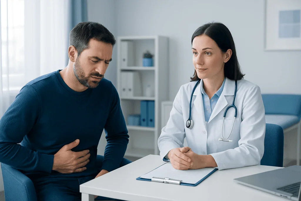 Doctor consulting with a patient experiencing stomach pain in a medical office.