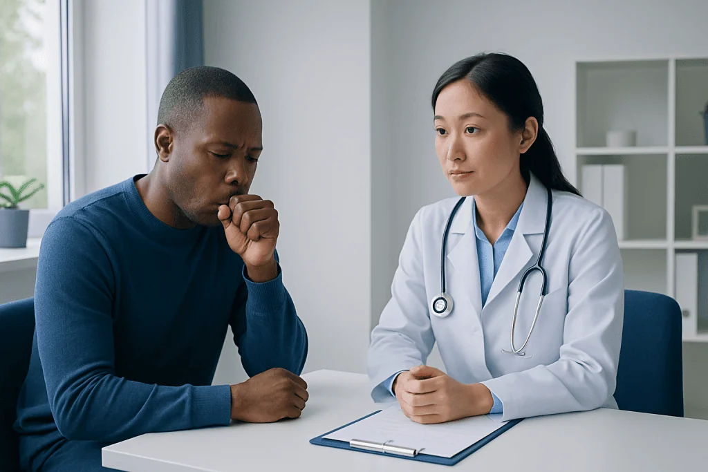 Patient consulting with a doctor about cough and throat issues in a medical office.