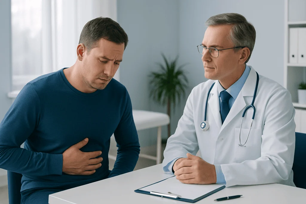 Doctor consulting with patient about stomach issues in a medical office.