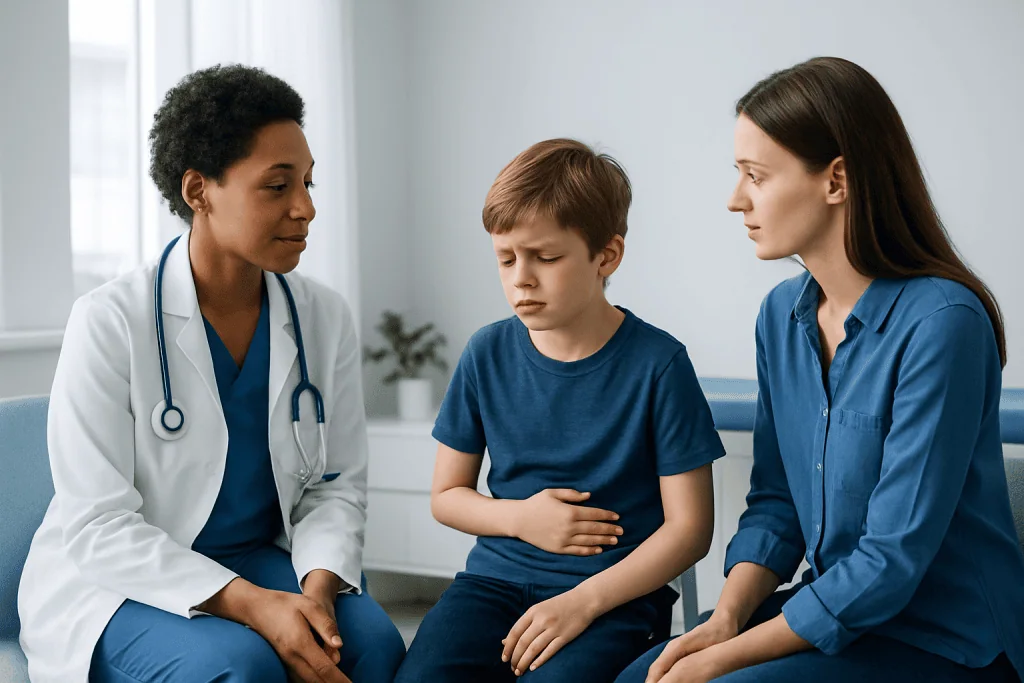 Doctor examining a young boy with stomach pain in a clinic setting.