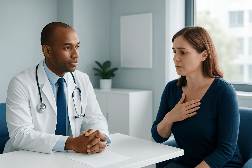 Doctor consulting with a patient in a modern medical office.