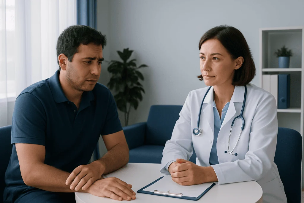 Doctor consulting with a patient about blood sugar levels in a clinic setting.
