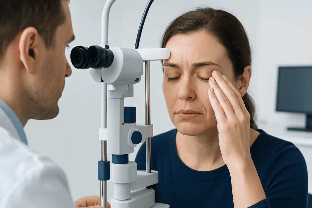 Ophthalmologist examining a woman's eye with a slit lamp.