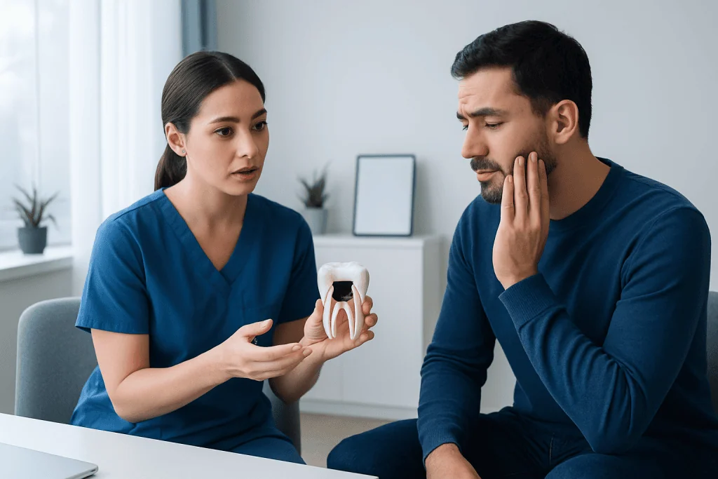 Dentist explains cavity to patient using a model of a tooth.