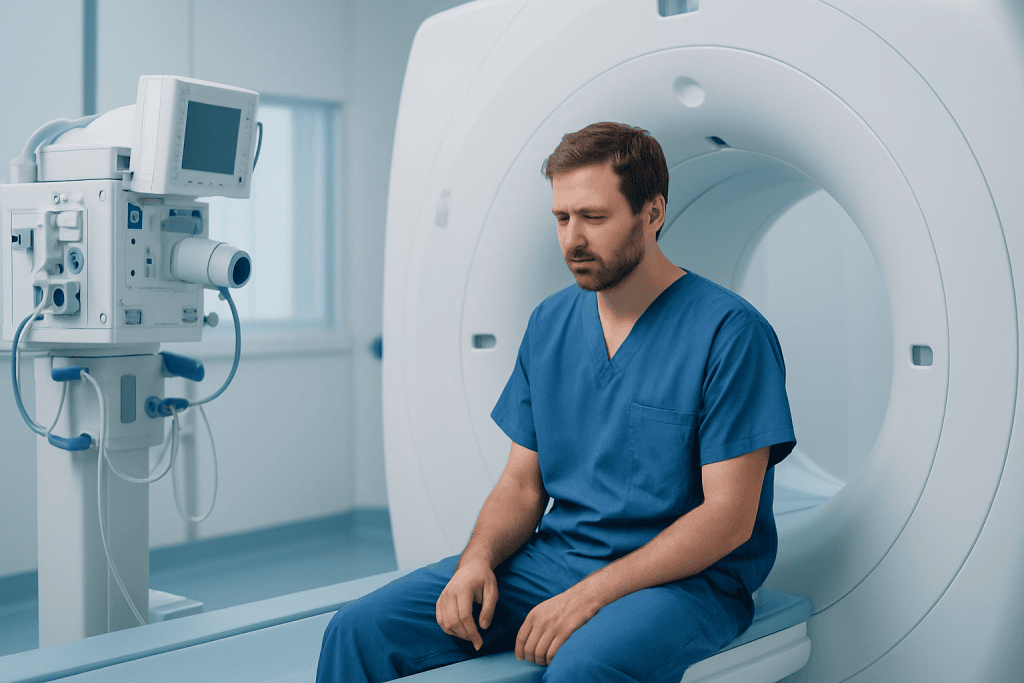 Male healthcare professional sitting near MRI machine in hospital.