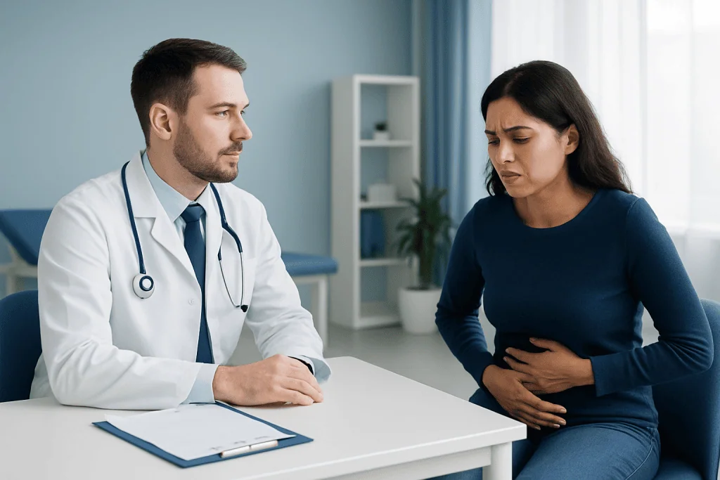 Doctor consulting with a woman patient about stomach issues in a clinic.