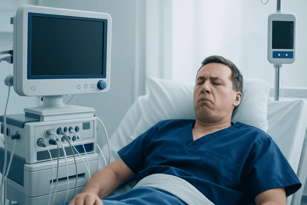 Patient in hospital bed with medical monitors and equipment.