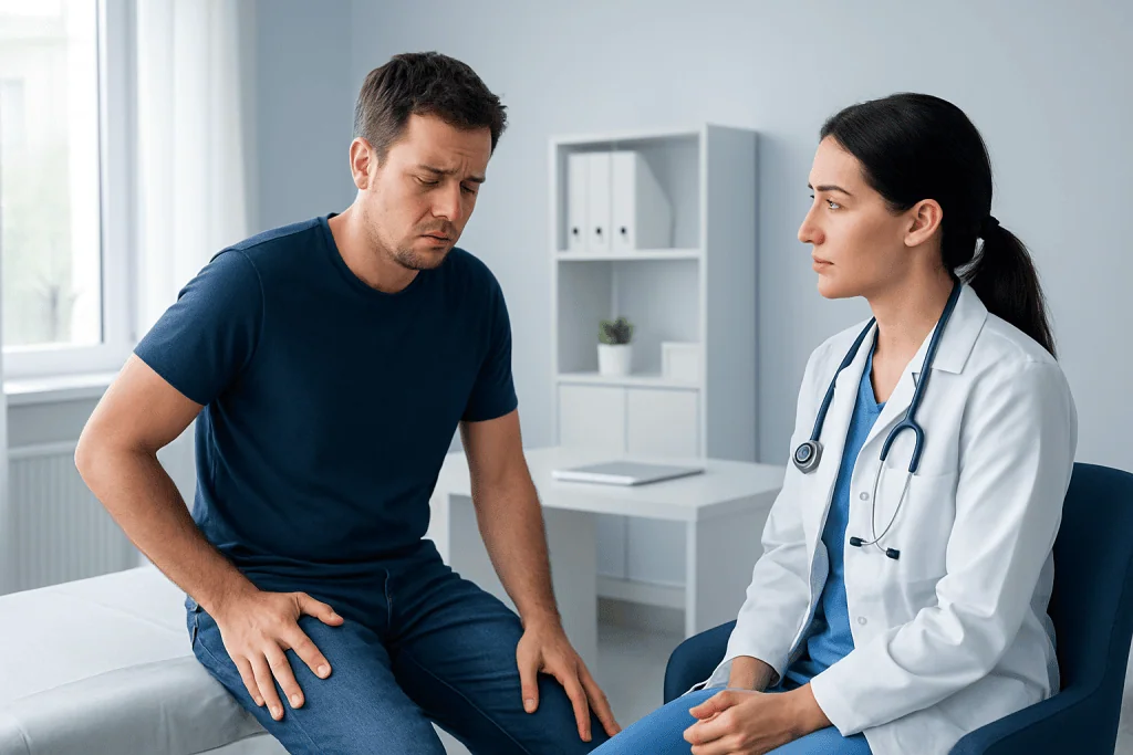 Patient consulting with doctor about hip pain in a medical office.