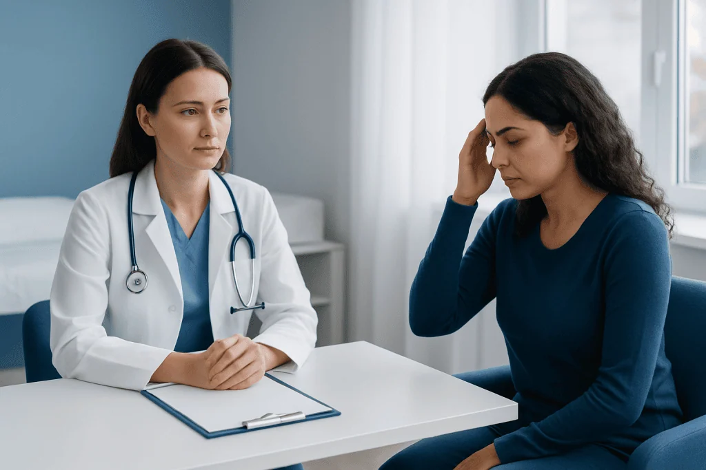 Doctor consulting with patient about neurological health in a clinic setting.