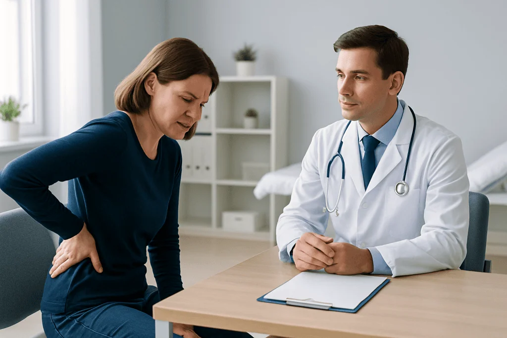 Doctor consulting with a patient about abdominal pain in a medical office.