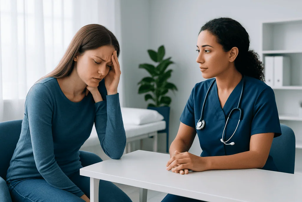 Woman experiencing headache consulting with healthcare professional in clinic.