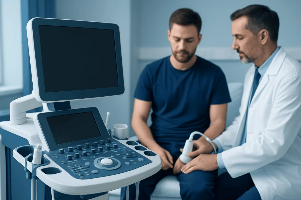 Doctor performs ultrasound examination on male patient in clinic setting.