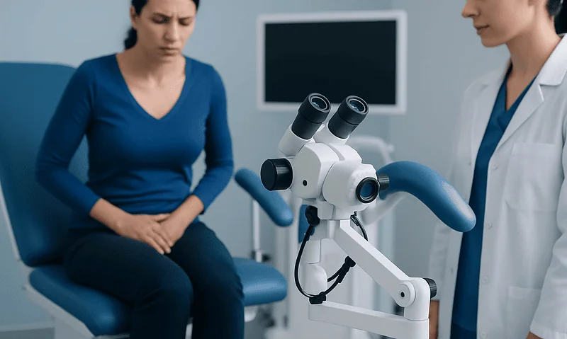 Gynecologist examining patient with medical microscope in clinic.