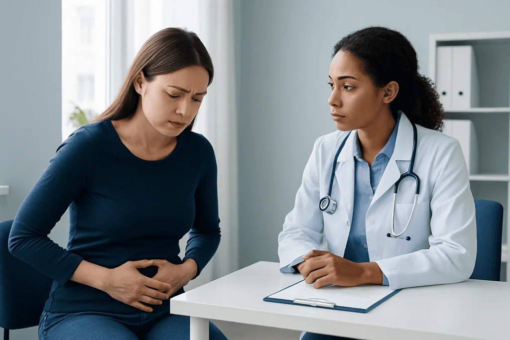 Doctor consulting with a patient about abdominal pain in a clinic setting.