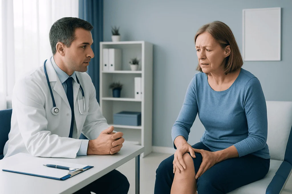 Doctor consulting with a woman patient about knee pain.