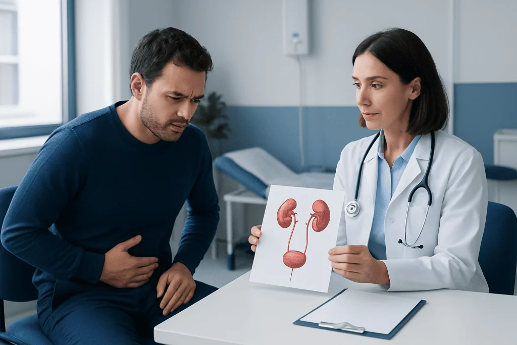 Doctor explaining kidney anatomy to male patient in clinic setting.