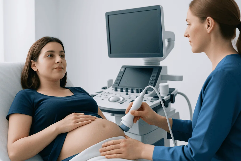 Pregnant woman undergoing ultrasound examination at Acibadem Hospital.