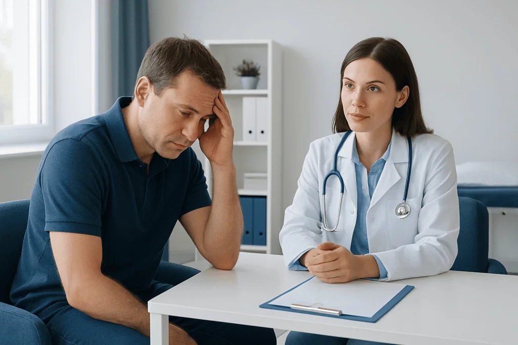 Patient consulting with a doctor about health concerns in a medical office.