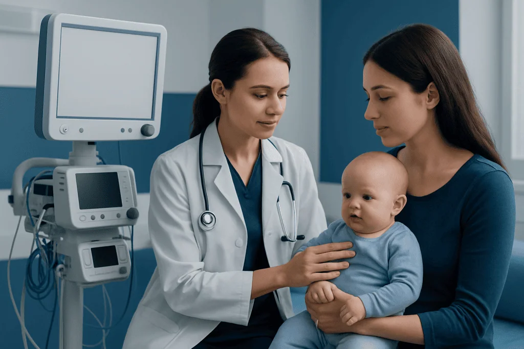 Pediatric consultation at a hospital with a doctor, mother, and baby in a clinical setting.