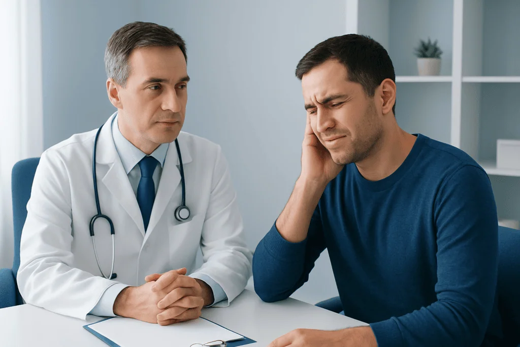 Doctor consulting with patient about ear pain in a medical office.