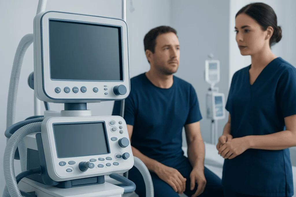 Medical professionals discuss patient care in a hospital room with monitoring equipment.