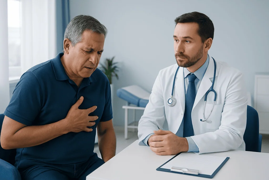 Doctor examines a patient experiencing chest pain in a medical consultation.