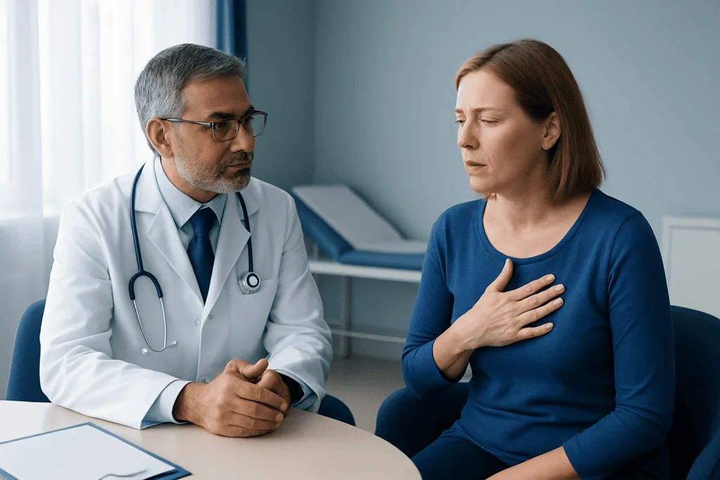Doctor consulting with a woman patient about heartburn symptoms in a clinic.