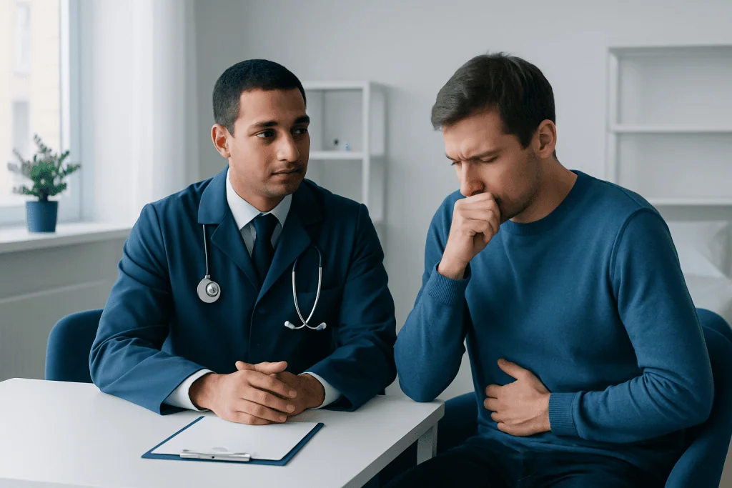Doctor consulting with a patient about health concerns in a clinic setting.