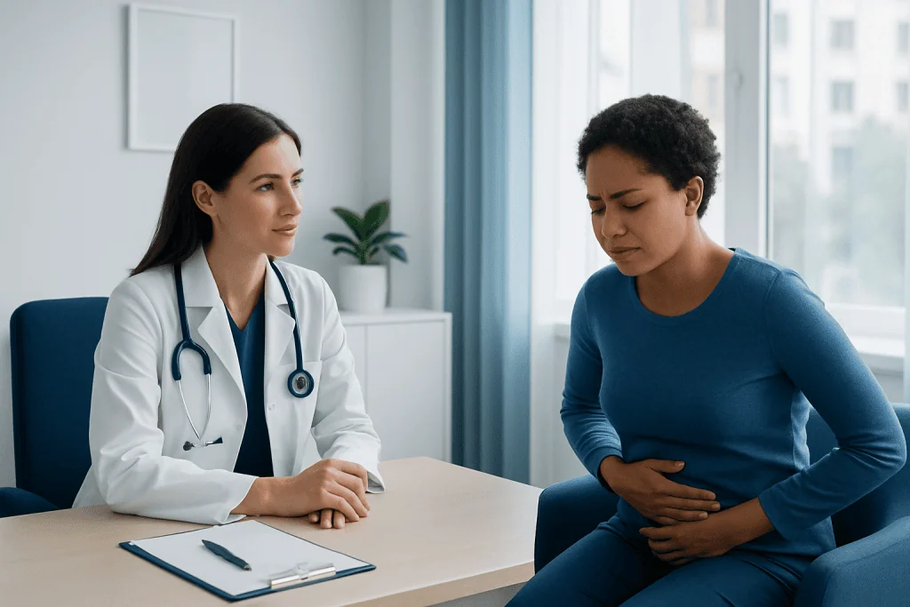 Doctor consulting a patient with stomach pain in a medical office.