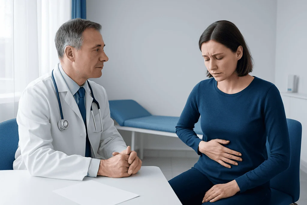 Doctor consulting with a woman patient in a medical office.