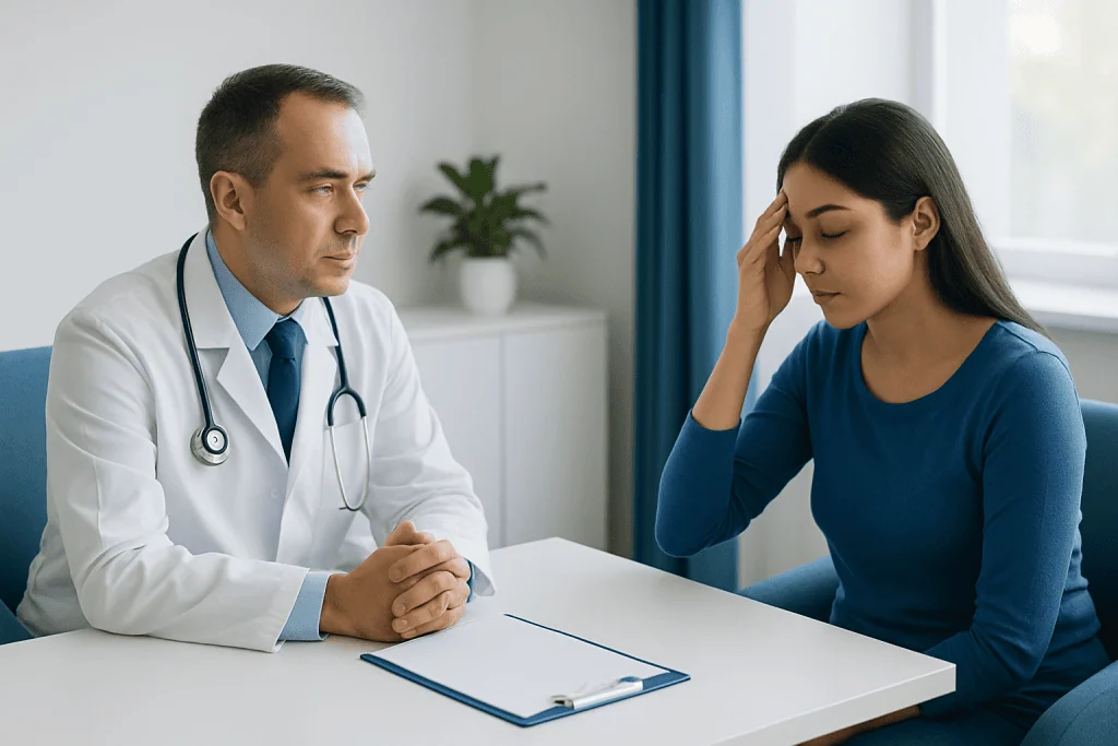 Doctor consulting with a young woman patient in a medical office.