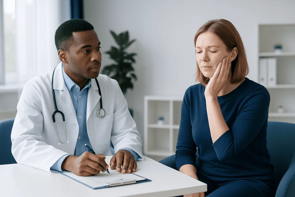 Doctor consulting a woman with facial pain in a medical office.