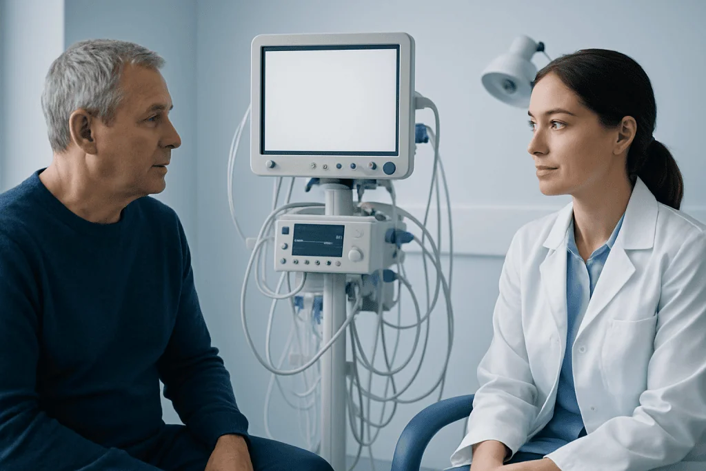 Doctor consulting with patient in a medical examination room.