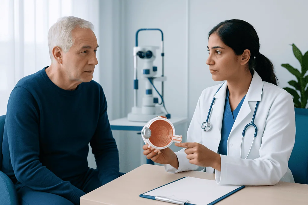 Ophthalmologist explaining eye health to patient in clinic setting.