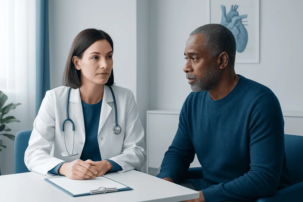 Doctor consulting with a patient about circulatory health in a medical office.