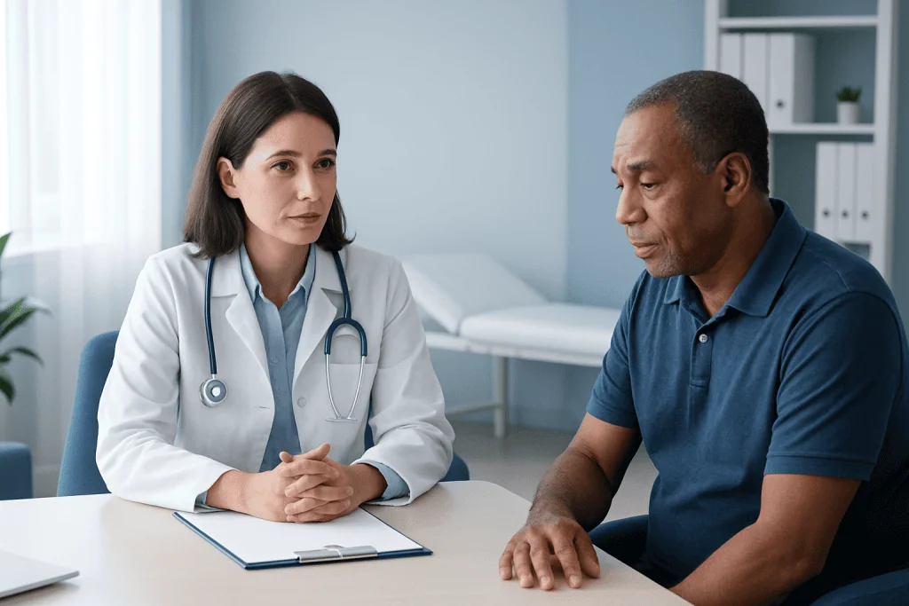Doctor consulting with male patient in a medical office setting.