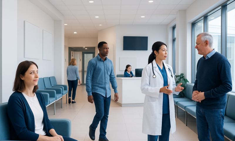 Medical consultation in a modern hospital waiting area with healthcare professionals and patients.