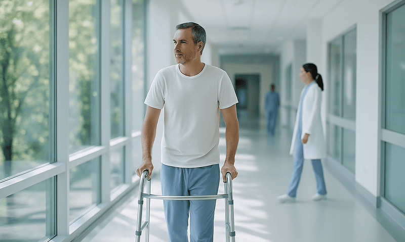Elderly man with walker in hospital corridor with medical staff in background.