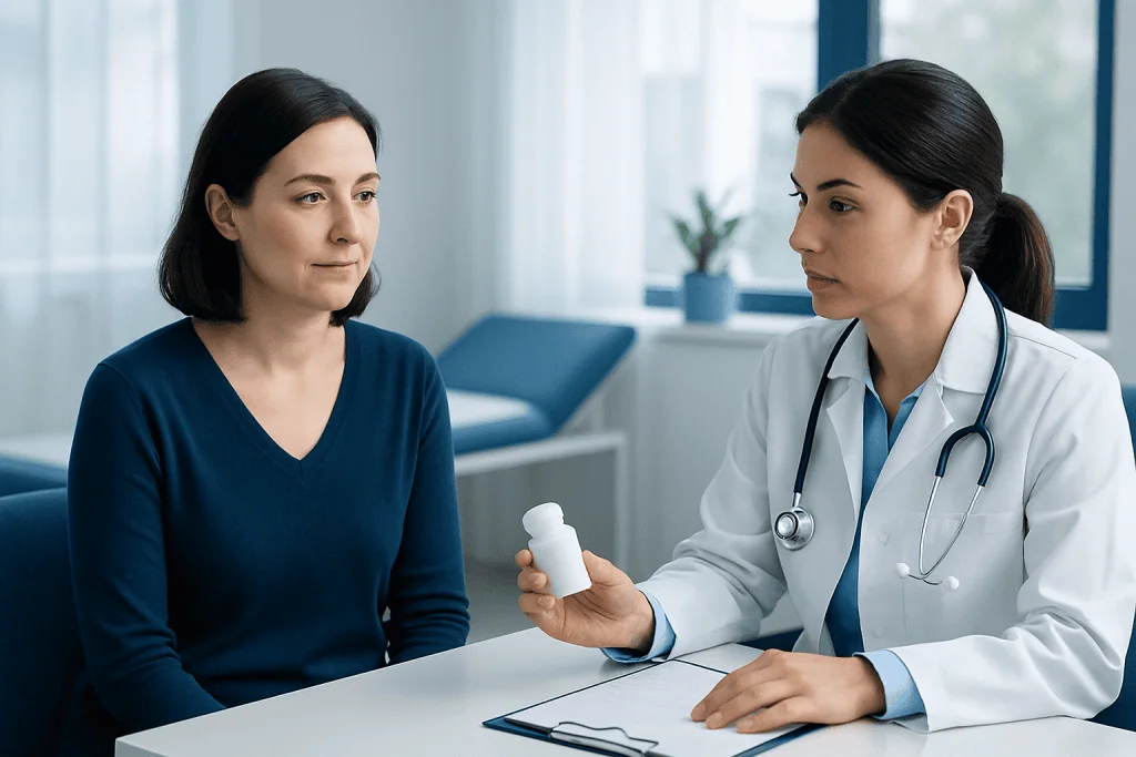 Doctor explaining medication to patient in a clinical setting.