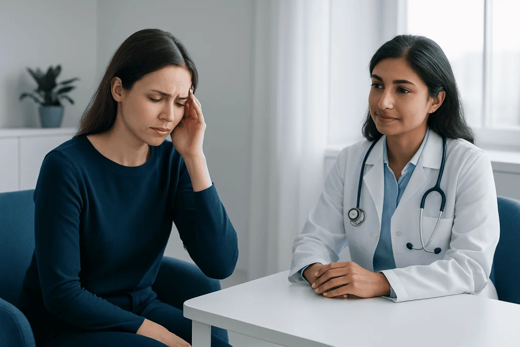 Patient experiencing headache during consultation at Acibadem Hospital.
