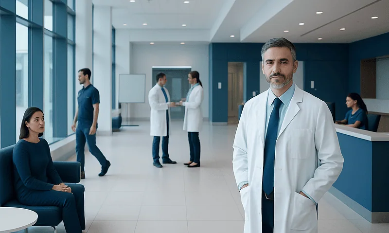Medical professionals and patients in a modern hospital lobby.