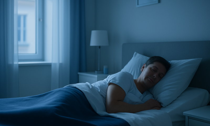 Person sleeping peacefully in a modern bedroom with blue lighting.