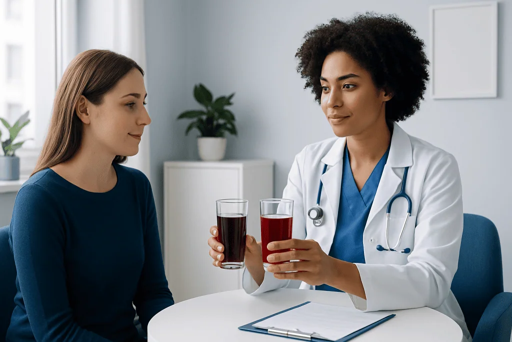 Doctor and patient discussing cherry juice benefits in a clinic setting.