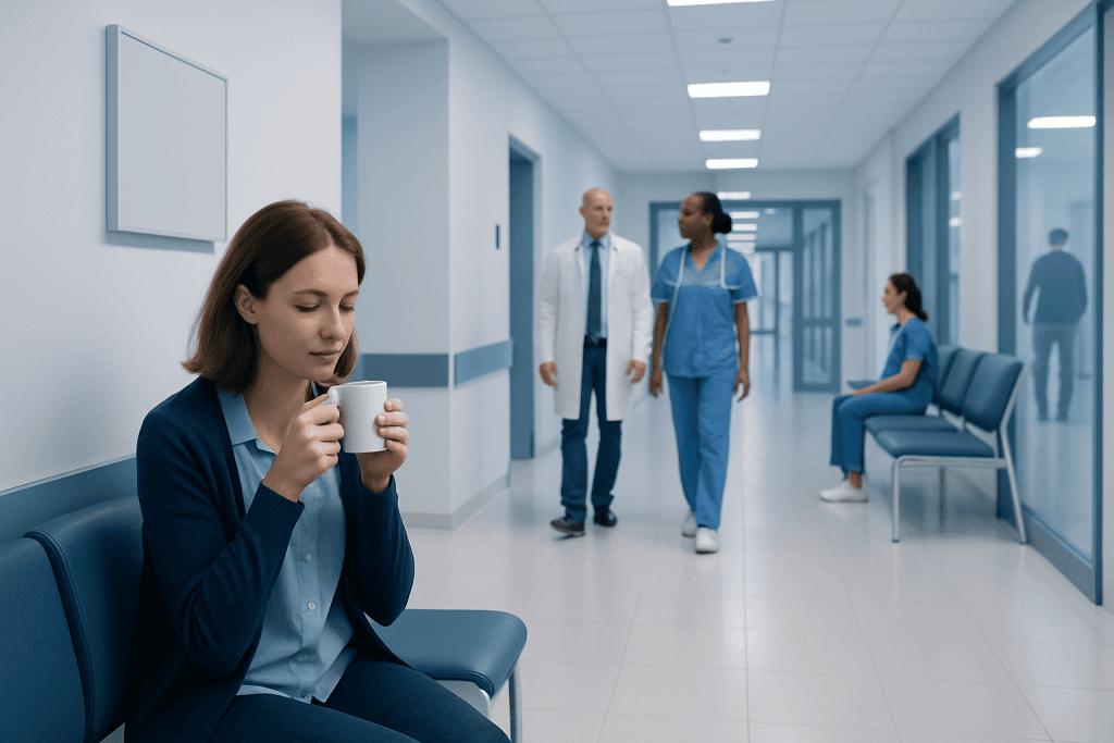 Tea for Anxiety Disorder: Diagnosis, Outlook, and Modern Treatment Approaches 1 Young woman drinking tea in hospital corridor for anxiety relief.
