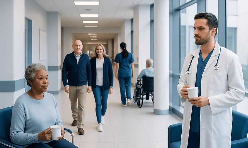 Doctor talking to patient in hospital corridor with other patients and staff.