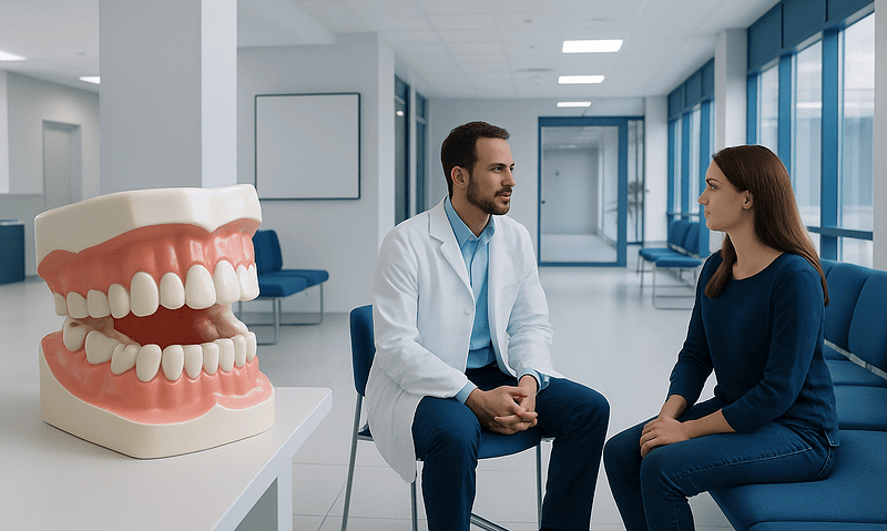 Dentist consulting with patient in modern dental clinic with model teeth.