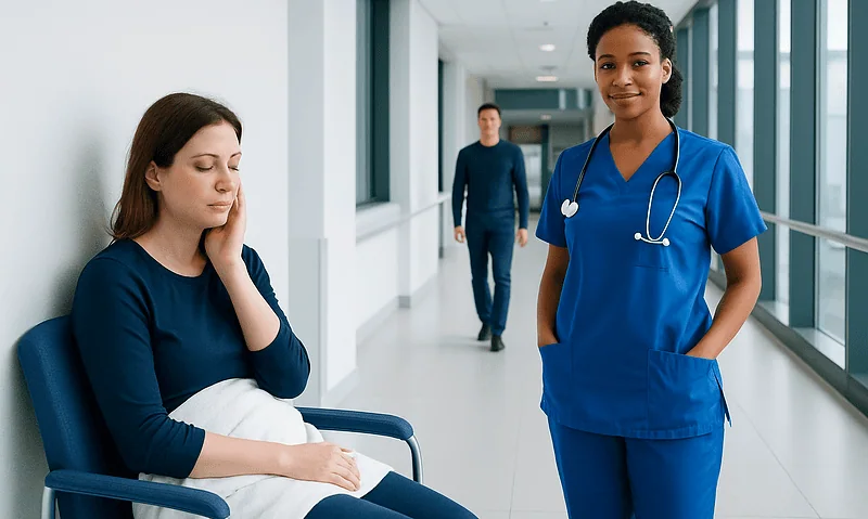 Nurse smiling at patient in hospital corridor at Acibadem Hospitals Group.