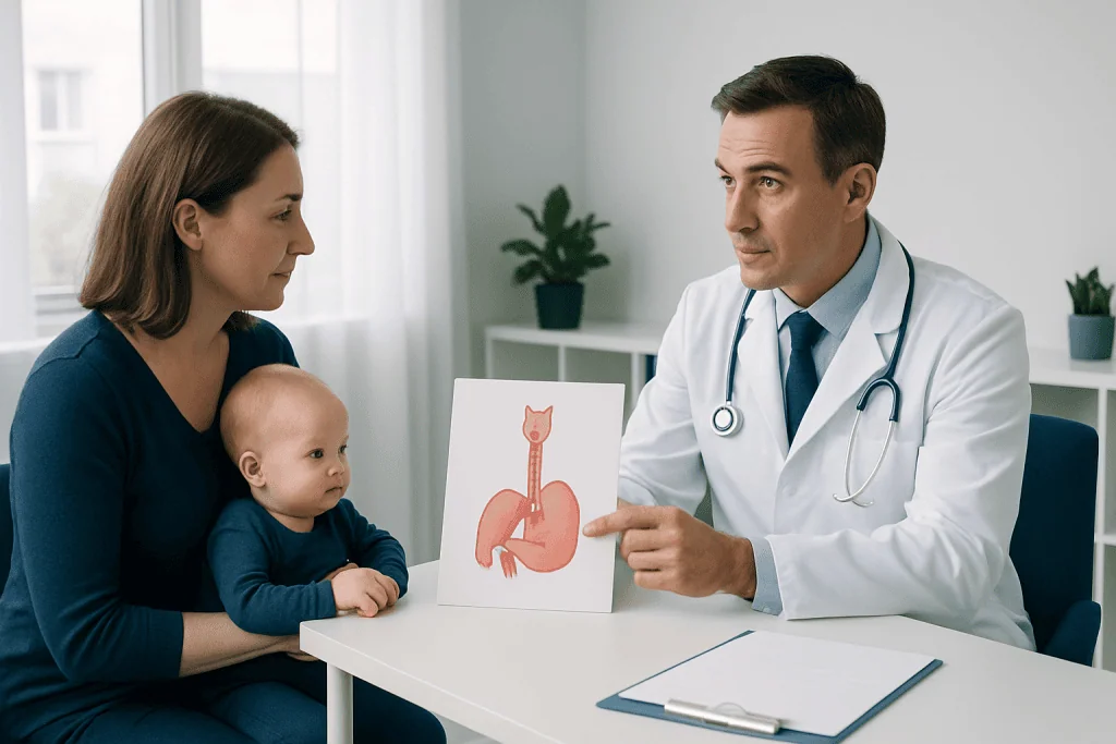 Pediatric consultation with a doctor explaining stomach anatomy to a mother and her baby.