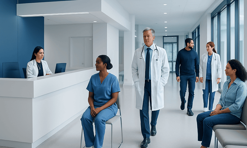 Medical professionals and patients in a modern hospital corridor.