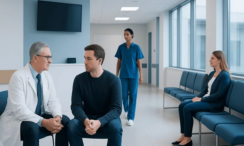 Doctor consulting with a patient in a hospital corridor.